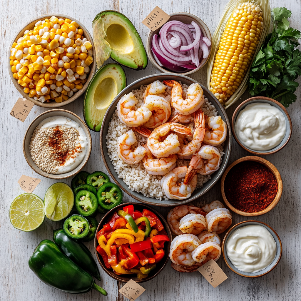 Grilled Shrimp Bowl with Avocado, Corn Salsa & Creamy Sauce