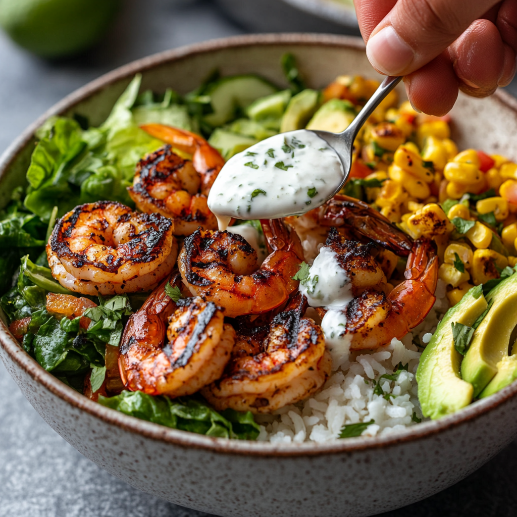 Grilled Shrimp Bowl with Avocado, Corn Salsa & Creamy Sauce