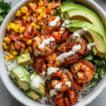 Grilled Shrimp Bowl with Avocado, Corn Salsa & Creamy Sauce