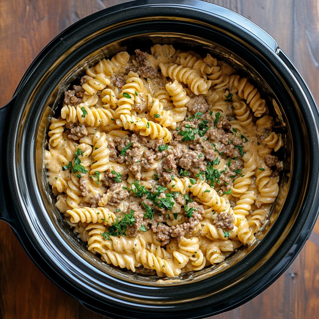 Slow Cooker Creamy Ranch Beef & Cheese Spiral Pasta