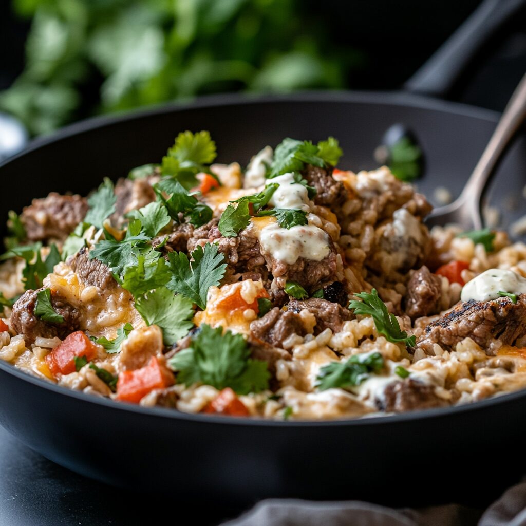 one pan queso steak and rice