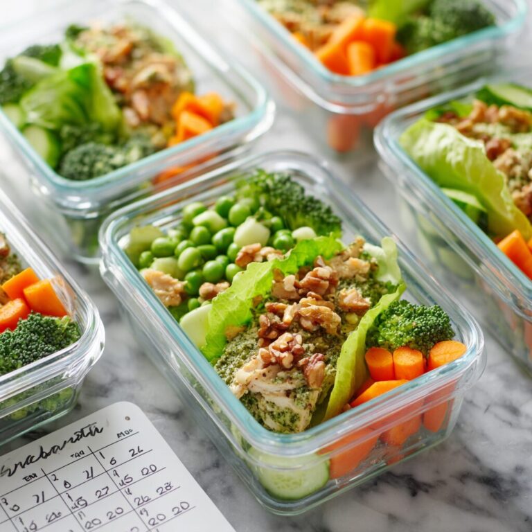 Bright, organized meal prep containers showing colorful pesto chicken lettuce wraps with visible fresh vegetables, natural lighting, marble countertop background, meal prep theme with calendar visible